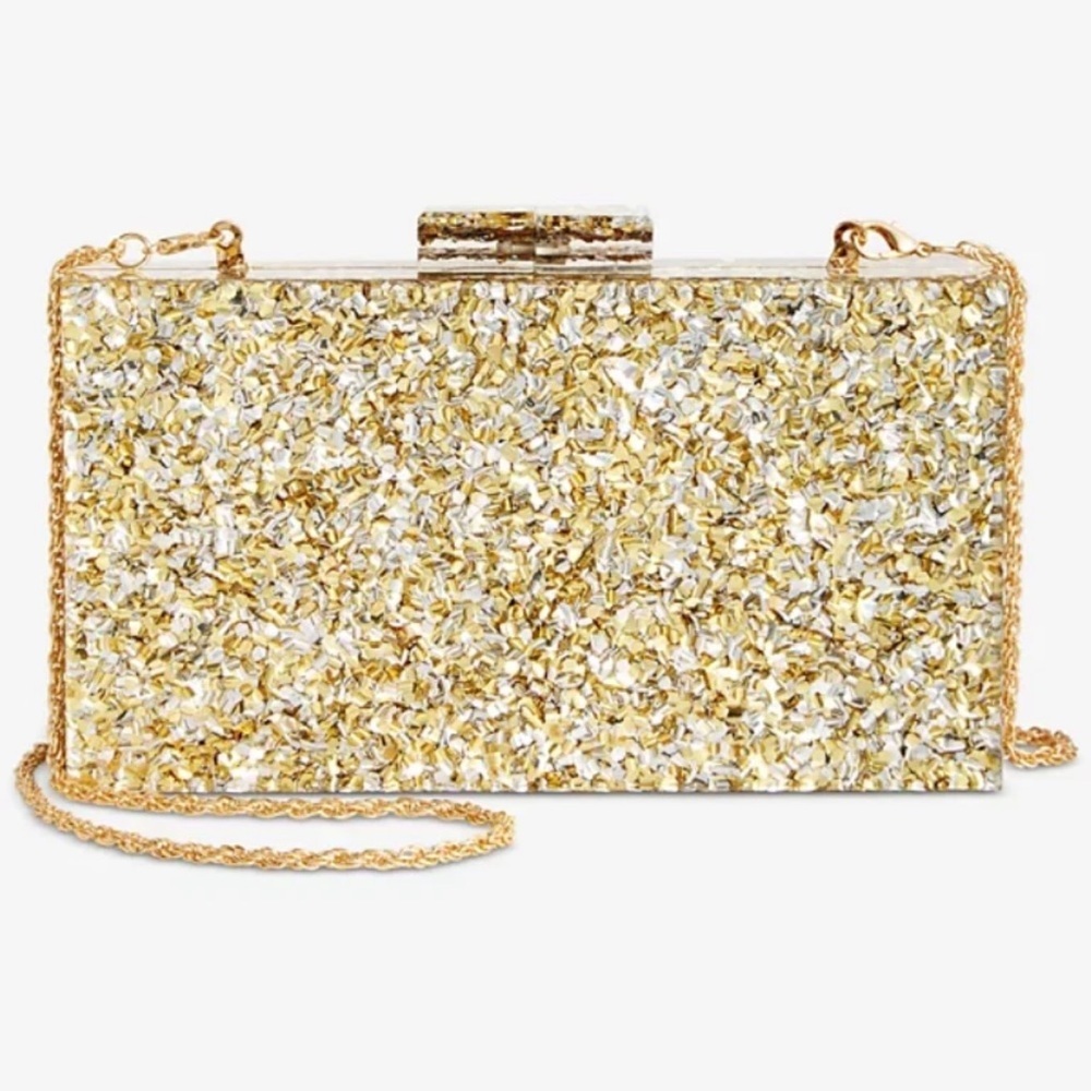 NEW I.N.C. International Concepts Acrylic Sparkle Crossbody Clutch Shiny Gold
